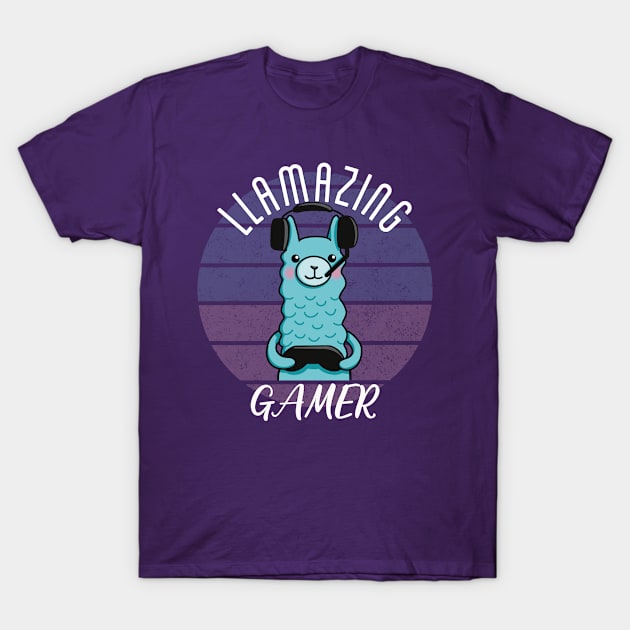 Llamazing Gamer Blue Llama T-Shirt by Punful